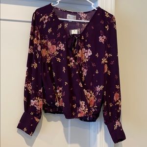 Purple floral wrap blouse